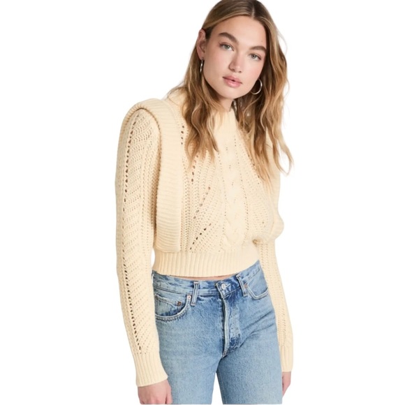 English Factory Sweaters - English Factory Cropped Sweater Large Ecru Beige Chunky Knit Statement Sleeve